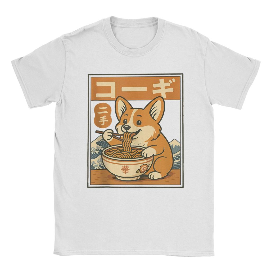 Corgi Eating Ramen T Shirts for Men Cotton Leisure TShirts Round Neck Tees Short Sleeve Tops Plus Size