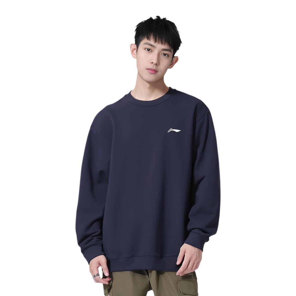 Li Ning Sports Lifestyle Series Solid Color Logo Running Pullover Fleece Sweatshirt Men Sweatshirt Navy-Blue AWDTD83-4