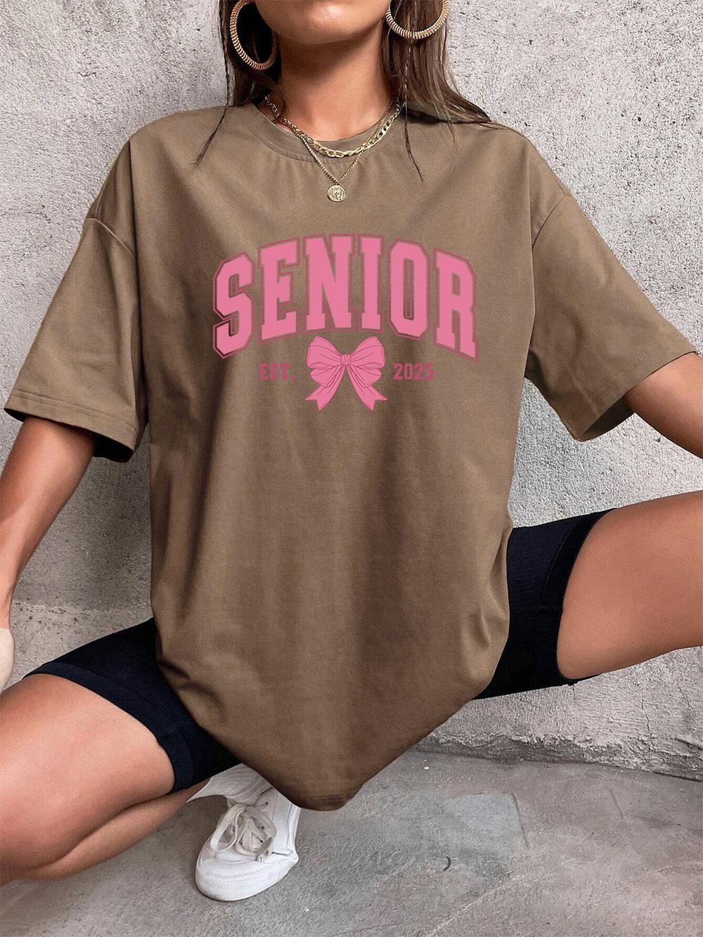 

Senior Pink Bow Est 2025 Letter Prints TShirts Womens Summer Cotton Tops ONeck Comfortable Loose Short Sleeve Casual Clothes S