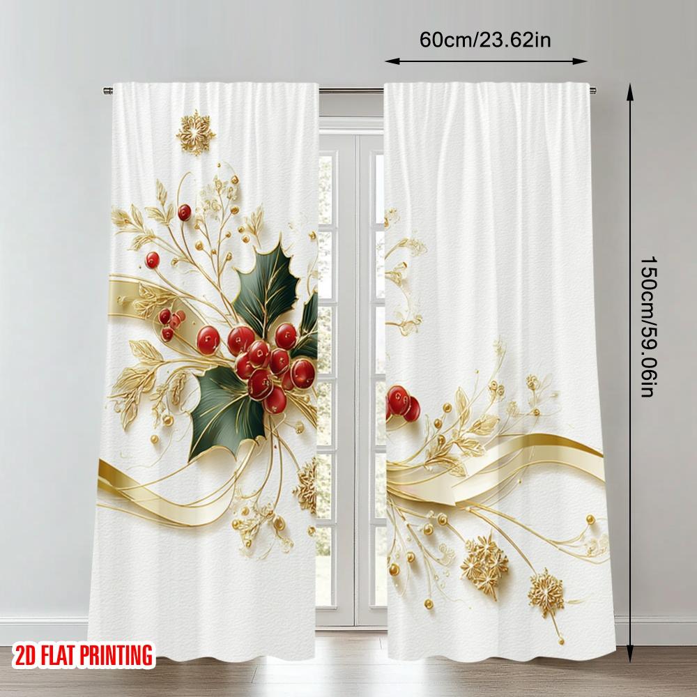 2pcs 2D flat printing Merry Christmas Trendy Curtains Christmas Holly Berries Snowflakes Digital Printed Polyester Drapes Party