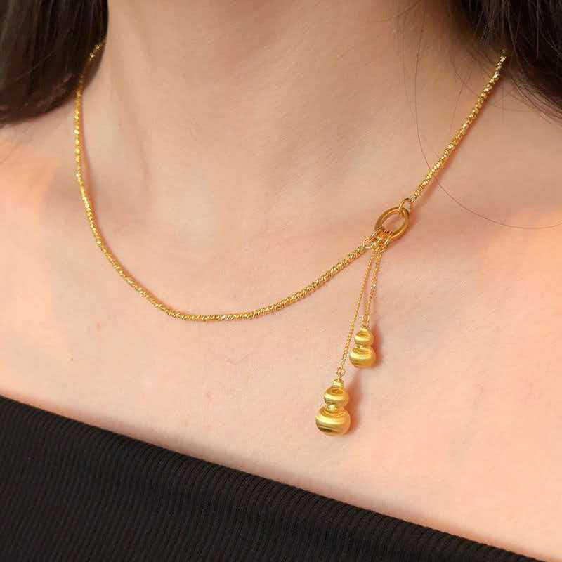 Golden Disco Bead Tassel Gourd Necklace with Clasp Collarbone Chain Jewelry