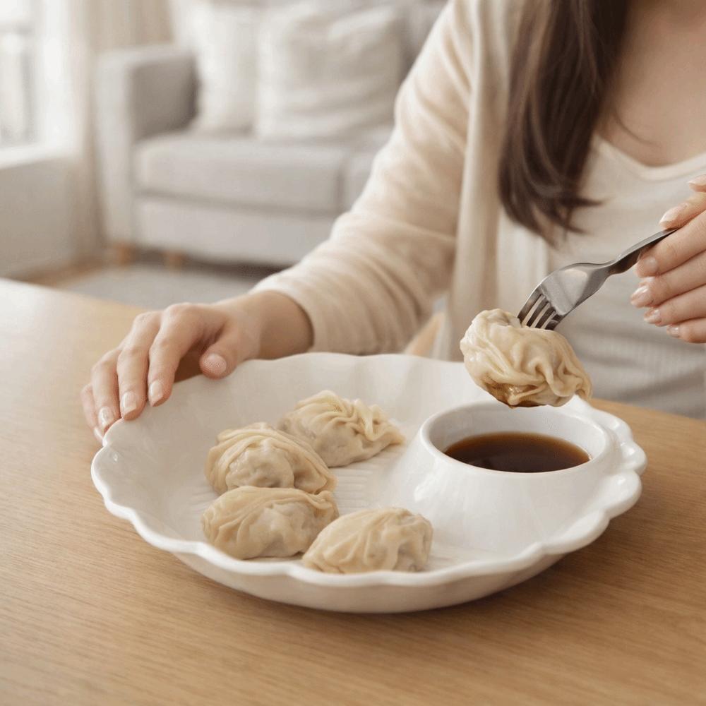 Minimalist Round Ceramic Dumpling Dishes Thicken Divided Grids Serving Plates Ruched Hem Snack Plate Kitchen