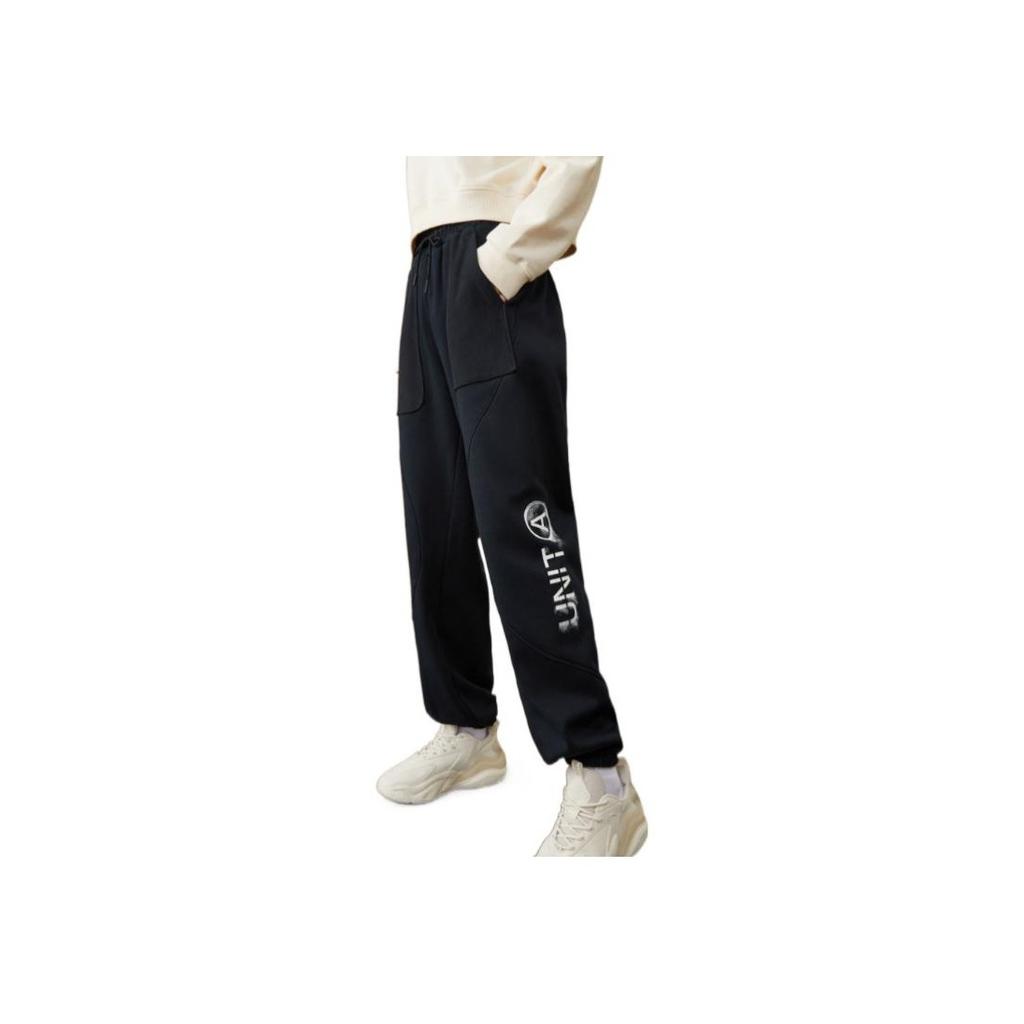 Anta Solid Color Elastic Waistband Logo Embroidered Cuffed Fleece Sports Pants Women Pants Black 162247307-2