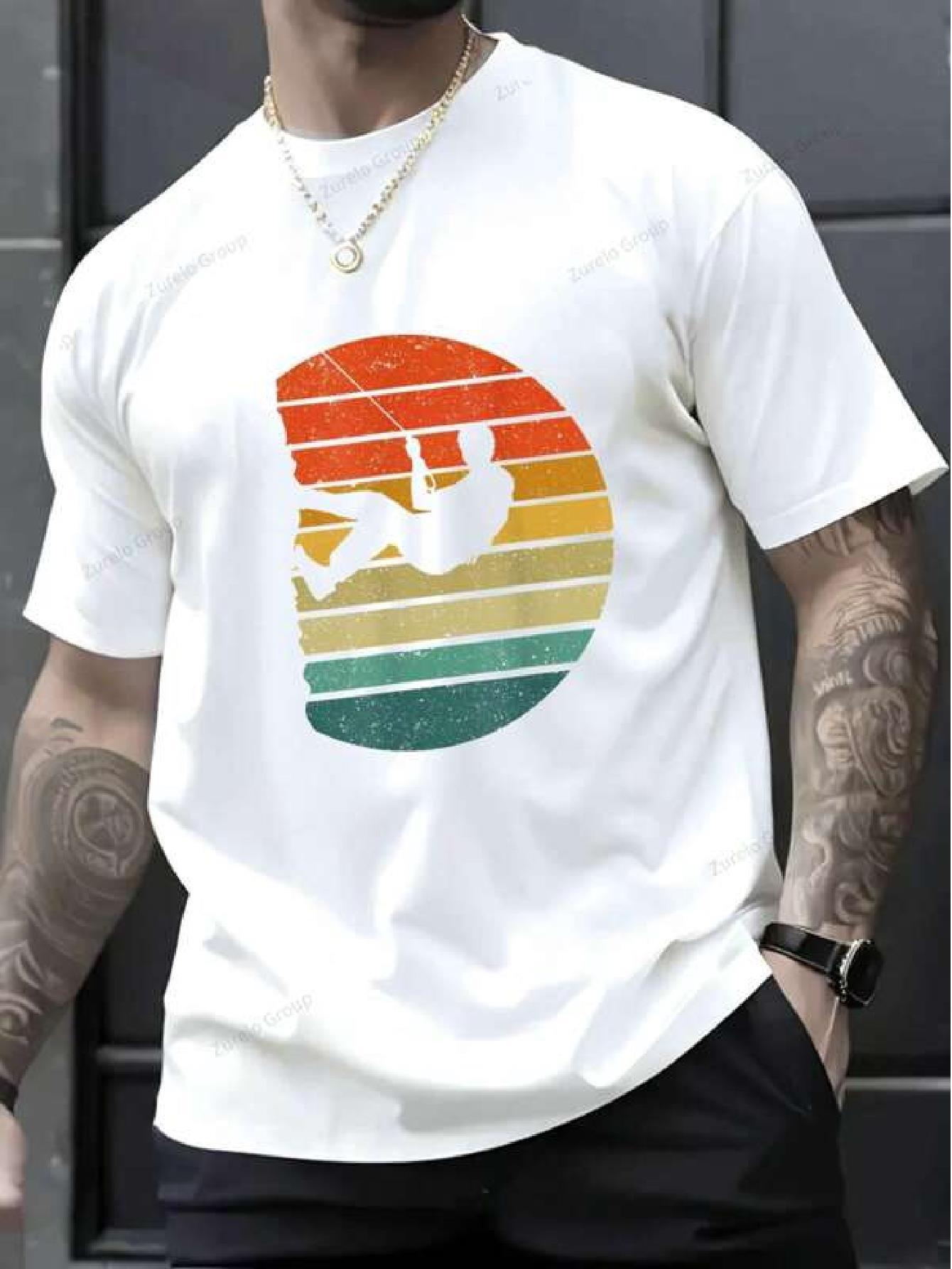 & Wo100% Cotton Graphic Print T-shirt - Retro Surfboard & Sunset Stripes Design M