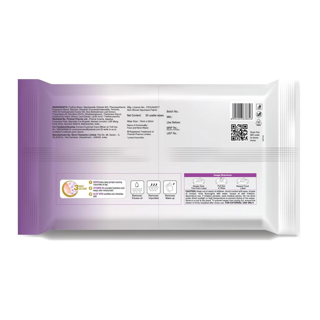 Lacto Calamine Pachete de 2 Șervețele pentru Față pentru Controlul Sebumului 30 Șervețele Fiecare Demachiant Delicat Șervețele Umede cu Neem Aloe Niacinamidă Pentru Bărbați și Femei