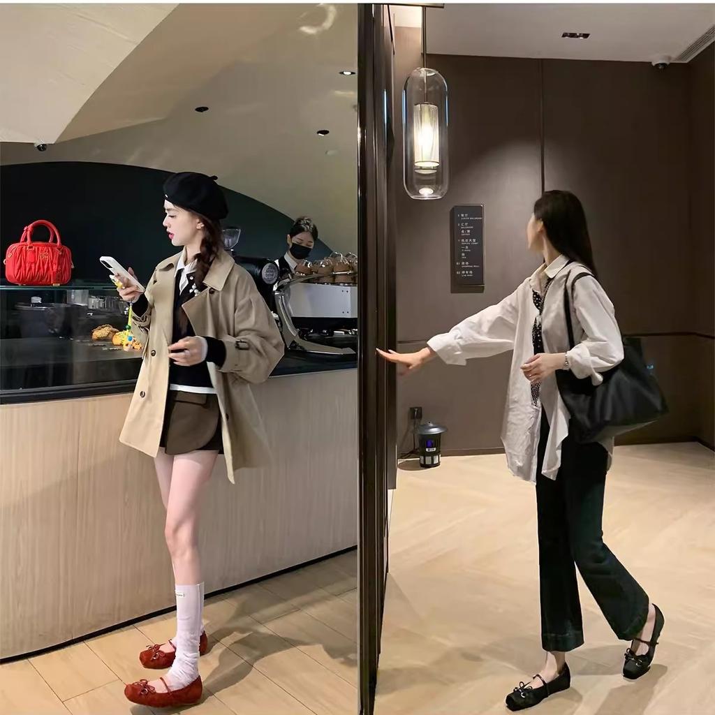 Schaffellversion~ Traubenmutter gleiche französische Schleife Schweinenase vielseitige Mary Jane Schuhe flache Leder Einzelschuhe Frauen