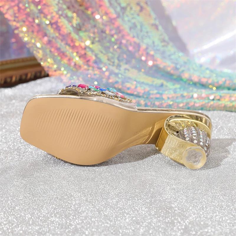 Mode Eilyken Sexy Camouflage Kristall Runde Absätze Damen Hausschuhe Sommer PVC Transparent Eckige Zehenpartie Bankett Party Pantoletten