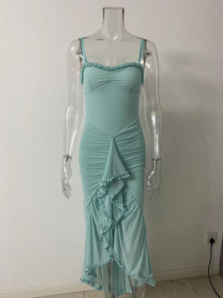 Průsvitné, nařasené šaty vepředu Elegantní sexy nařasené plesové koktejlové maxi šaty Jednobarevné splývavé šaty
