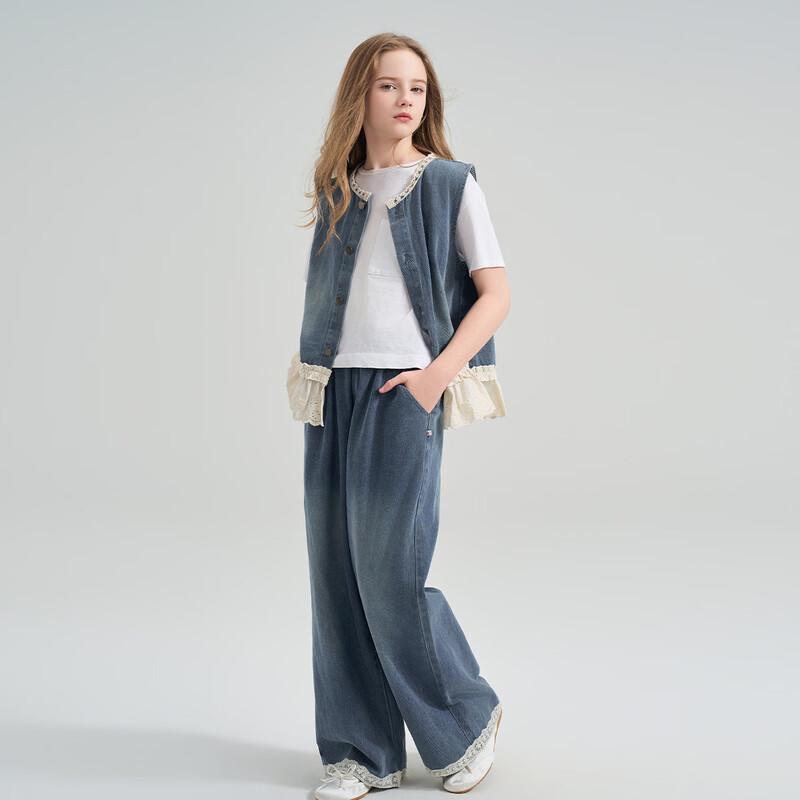 Girls' Lace Denim Vest & Wide-Leg Pants Set