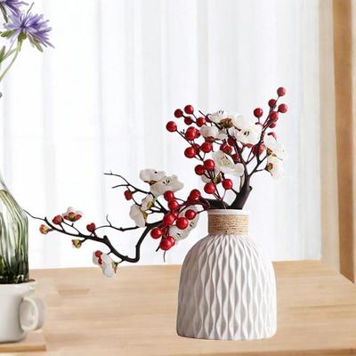 Flores de ciruelo falsas con jarrón, púas florales artificiales modernas, bonsái de flores secas para chimenea