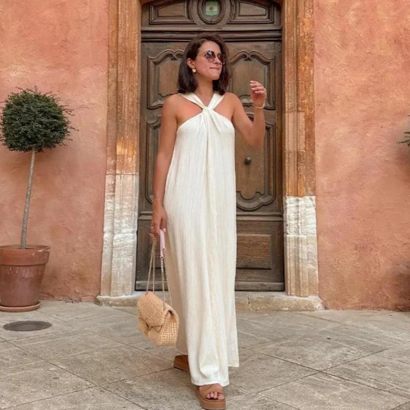 

2025 new beach women s clothing chest cross neck dress women S белый