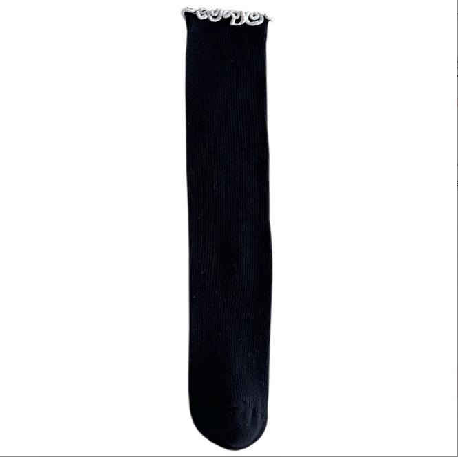 New Autumn & Winter Girls' Lace Ruffle Edge Mid-Calf Socks - Solid Color Princess Style