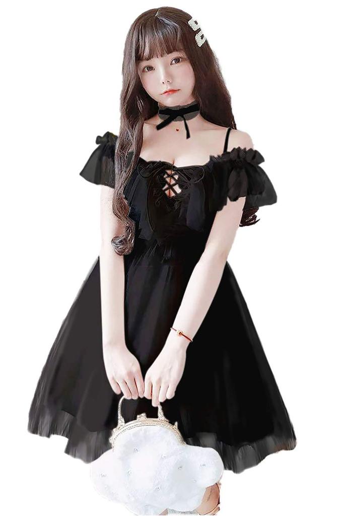 SUNNYSTEP Sexy Devilish Black Lolita Sheer Tulle for Girls Lingerie, Dress, Off-the-Shoulder, Stylish, Gothic, Dark, Lace-Up, (Black, L)