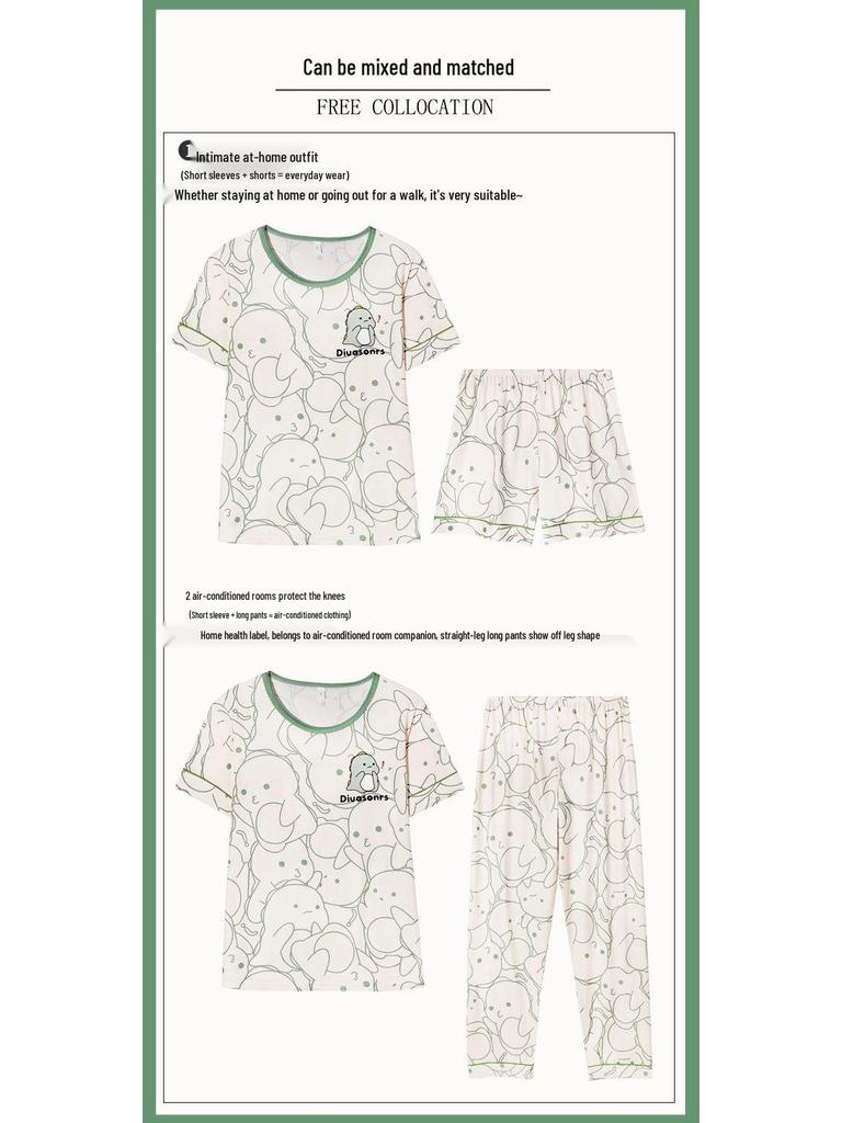 Women's Loose Summer Cartoon Pajama Set: Cute Short Sleeve Top & Long Pants for Spring/Autumn