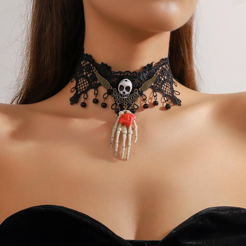 

Lace Spider Web Design Necklace Earrings Set Retro Gothic Style Black Lace Choker Necklace Halloween Jewelry