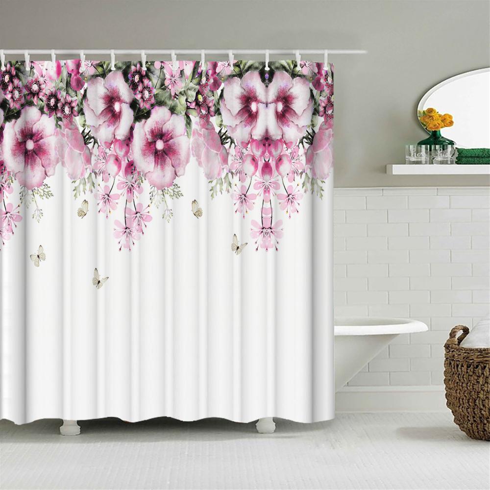 Floral Shower Curtains for Bathroom, Spring Flower Butterfly Bathroom Decor with Hooks, Washable Polyester Fabric Shower Curtain