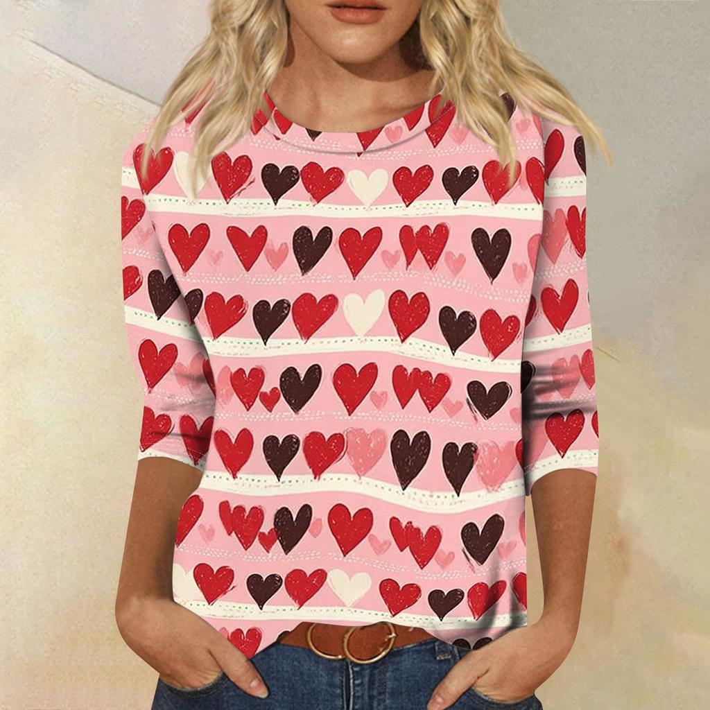 Women's Fashionable Casual Three-quarter Sleeve Valentine's Day Printed Round Neck Top