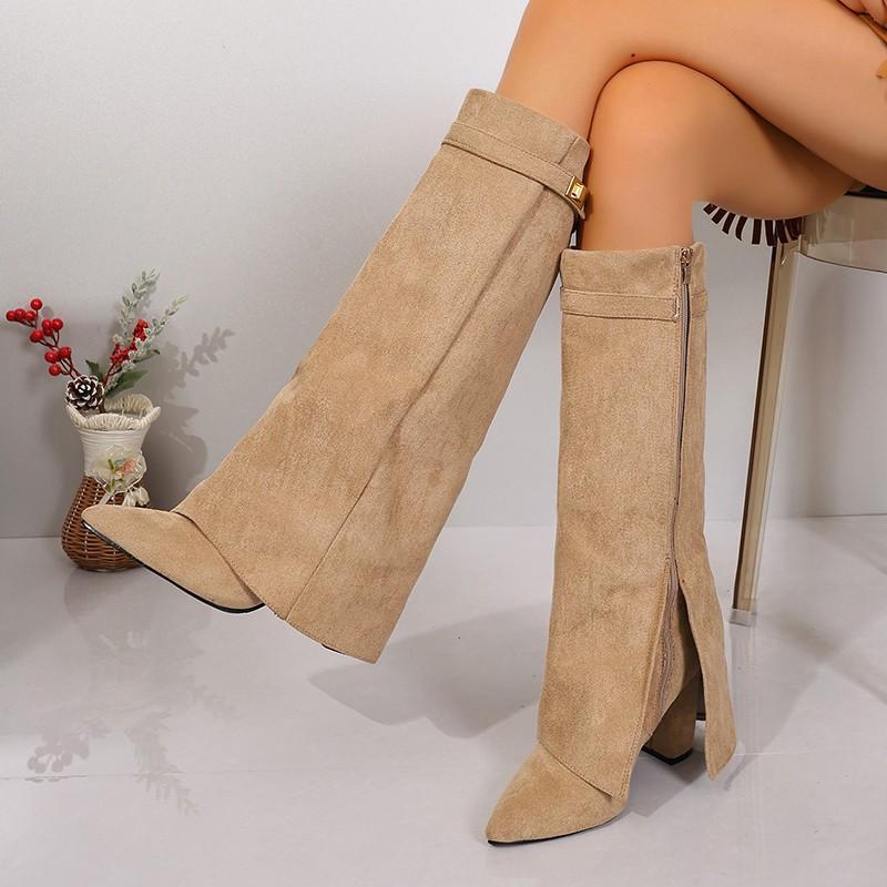 Spitze Wildleder High-Heel Stiefel 2025 Winter Neu Europäisch und Amerikanisch Seitenreißverschluss Große Größe Hosenstiefel für Damen