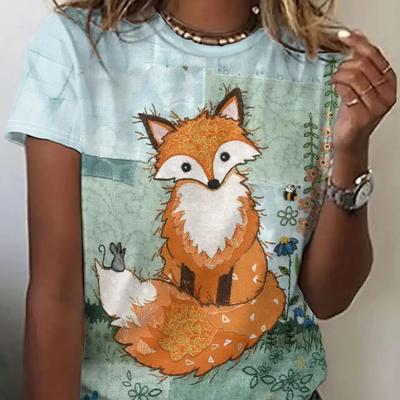 New Kawaii Women's T-shirt Cartoon Fox Print Plus Size Top Women's Trending Clothes Fashion Short Sleeve Shirt Crew Tee Summer