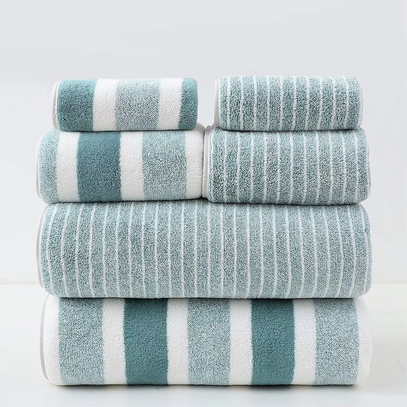 Quick-Dry Coral Fleece Striped Bath Towel - Soft, Absorbent, Large for Couples