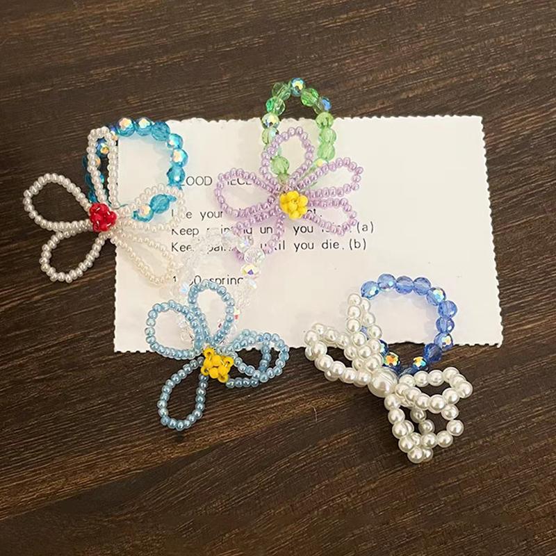 Colorful Beaded Flower Rings For Women Girls Korean  Sweet Large Flower Finger Rings Jewelry Aesthetic Y2K Accessories