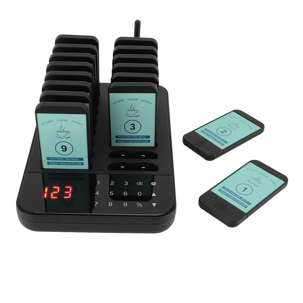 Wireless Pager System 16 Pagers 500m Long Range 1‑999s Setting Vibration Flashing Buzzer Restaurant Calling System