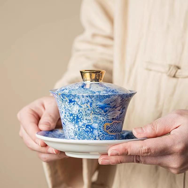 Thangka Jade Sancai Gaiwan Tea Set: High-End Kung Fu Style with Large Hand-Grip Bowl