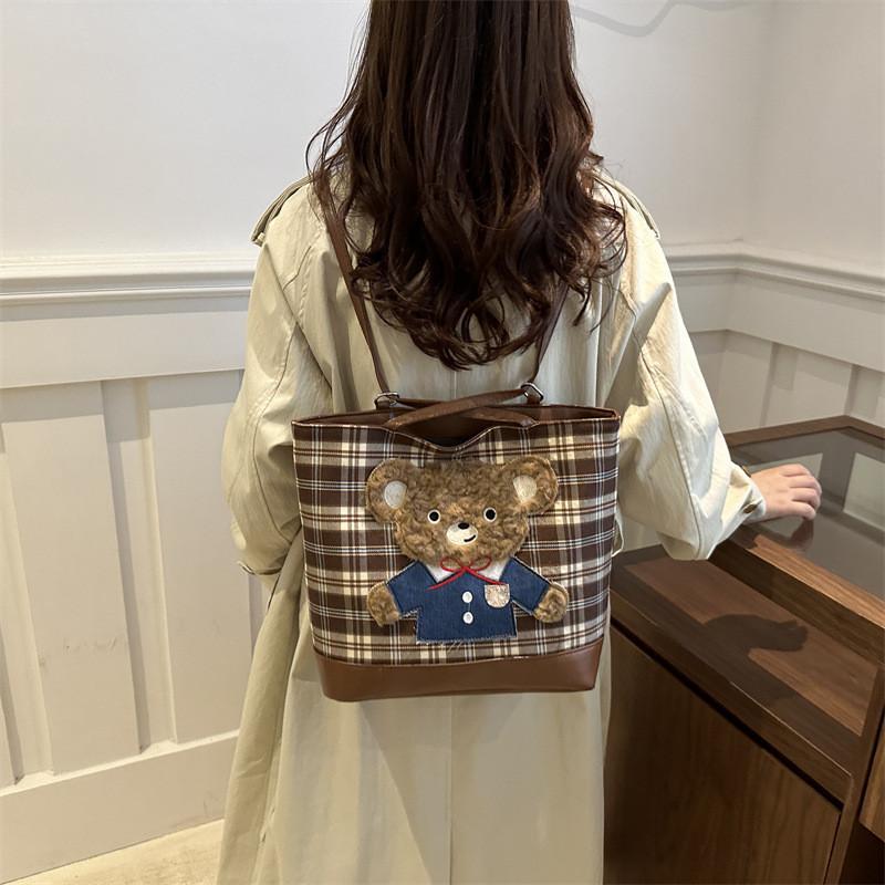 Adorable Trendy Plaid Tote Bag In White Cute Dog Design Perfect For Casual Outings