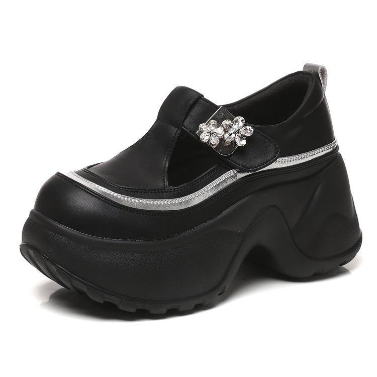 

Мягкая кожа толстая подошва внутренняя высота увеличение кожаная поверхность одинарная обувь женская осень 2025 новая дышащая танкетка повседневная полая белая обувь 40 чёрный