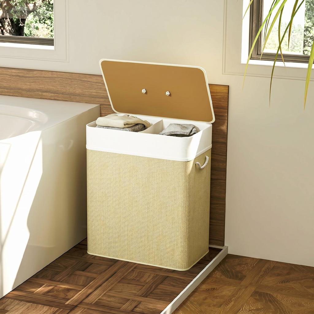 2 Section Laundry Basket with Lid, 100L Bamboo Laundry Hamper with Handles, Removable and Washable Liner, Cream White