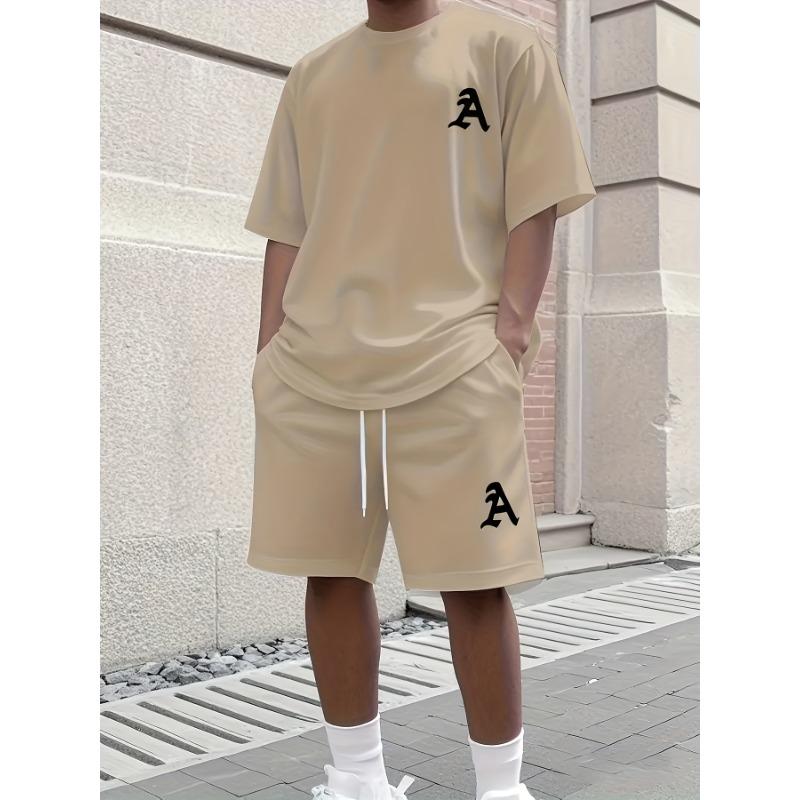 

Men s outdoor summer trendy fashion short-sleeve T-shirt + shorts set, 3D digital print vintage style a letter pattern XXS