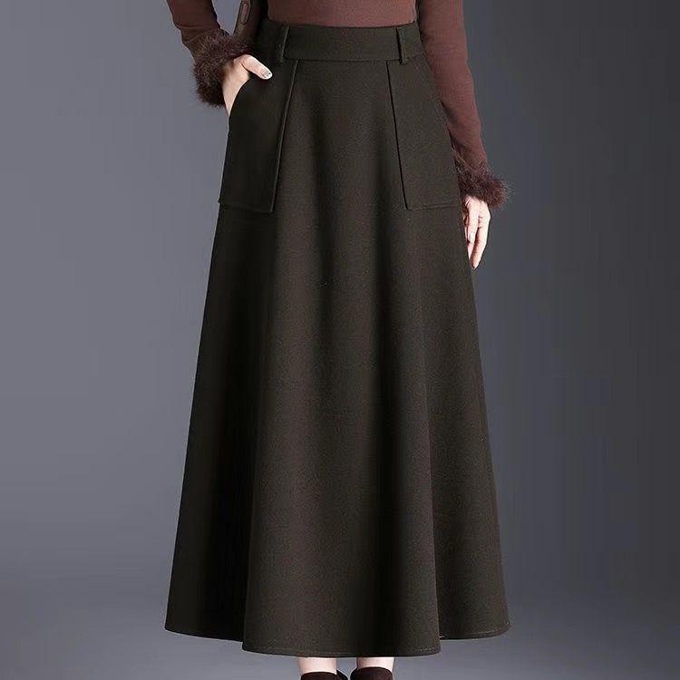 High-Waisted Wool A-Line Midi Skirt with Pockets for Autumn and Winter