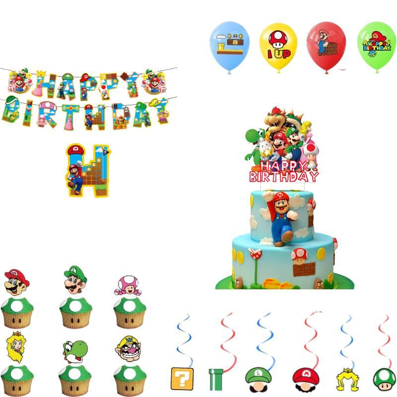 Mario Theme Party Decorations Set Flags, Cake Toppers, Balloons, And Spirals For An Amazing Party Atmosphere!