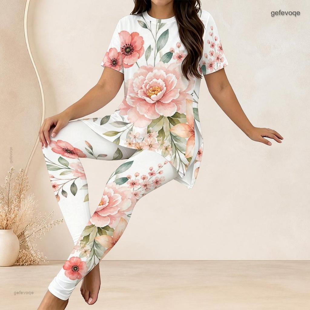 Women Plus Size Two Piece Set Round Neck Short Sleeve Floral Printed Longline Top Fitted Pants Light Green