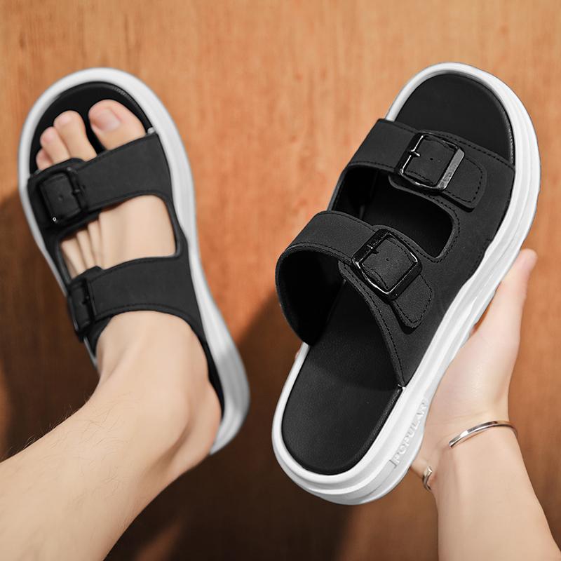 2024 New Summer Men's Soft Soles Slippers Suede Leather Slippers Man Indoor and Outdoor Two Buckle Beach Slides Footwear for Men