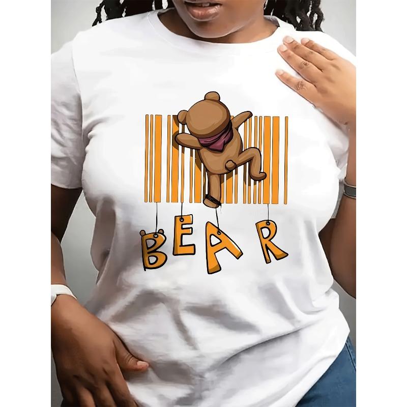 Plus Size, Women s Plus Size Oversized Casual T-Shirt - Cute Dancing Bear & Barcode Print with BEAR Graphic, Black & Orange Quirky Style, S белый