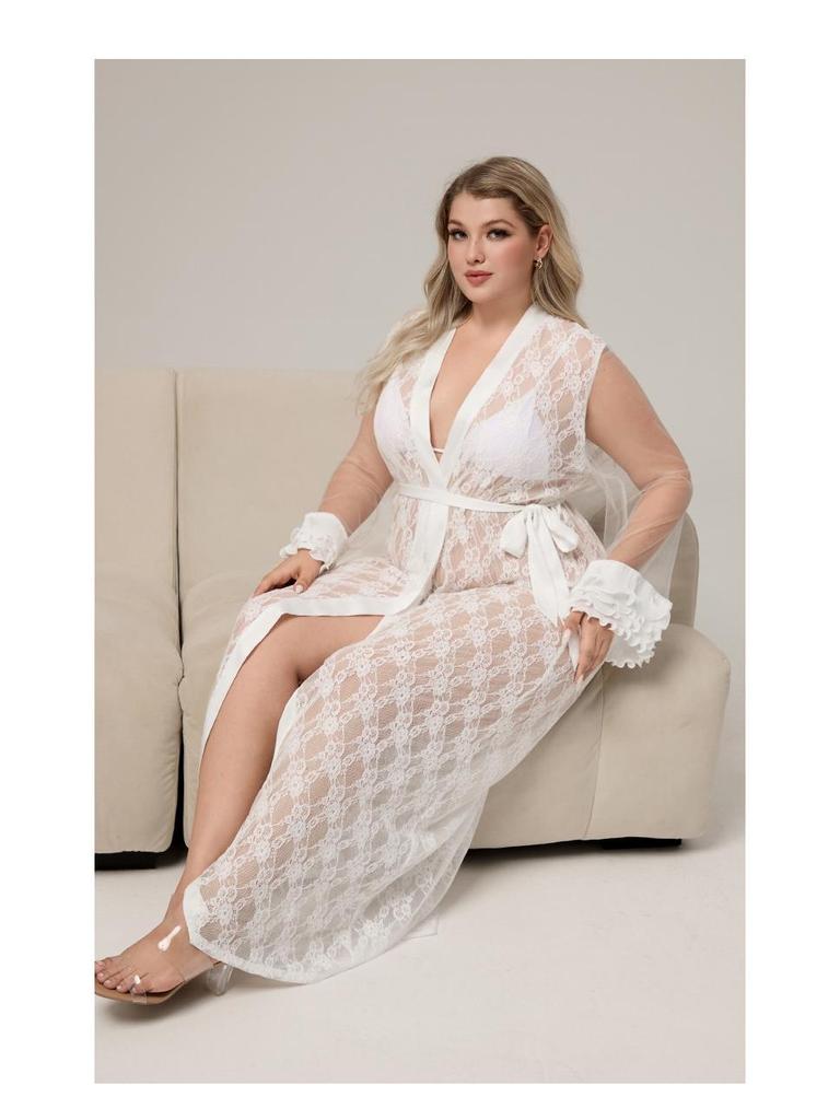 Yaoting Übergröße Damen Eisseide Spitze Langer Morgenmantel & Nachthemd (WP5014)