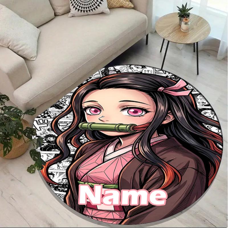 Custom Name Personalized Demon Slayer Print Round Rug, Versatile Home Decor Carpet, for Playroom, Apartment, Balcony, Entryway, Hallway Gift