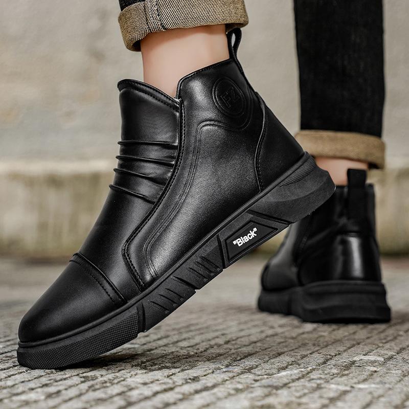 Men Black Leather Ankle Boots Winter Warm Cotton Shoes High Top Casual Leather Motorcycle Boots Trend Slip-on Men's Snow Boots