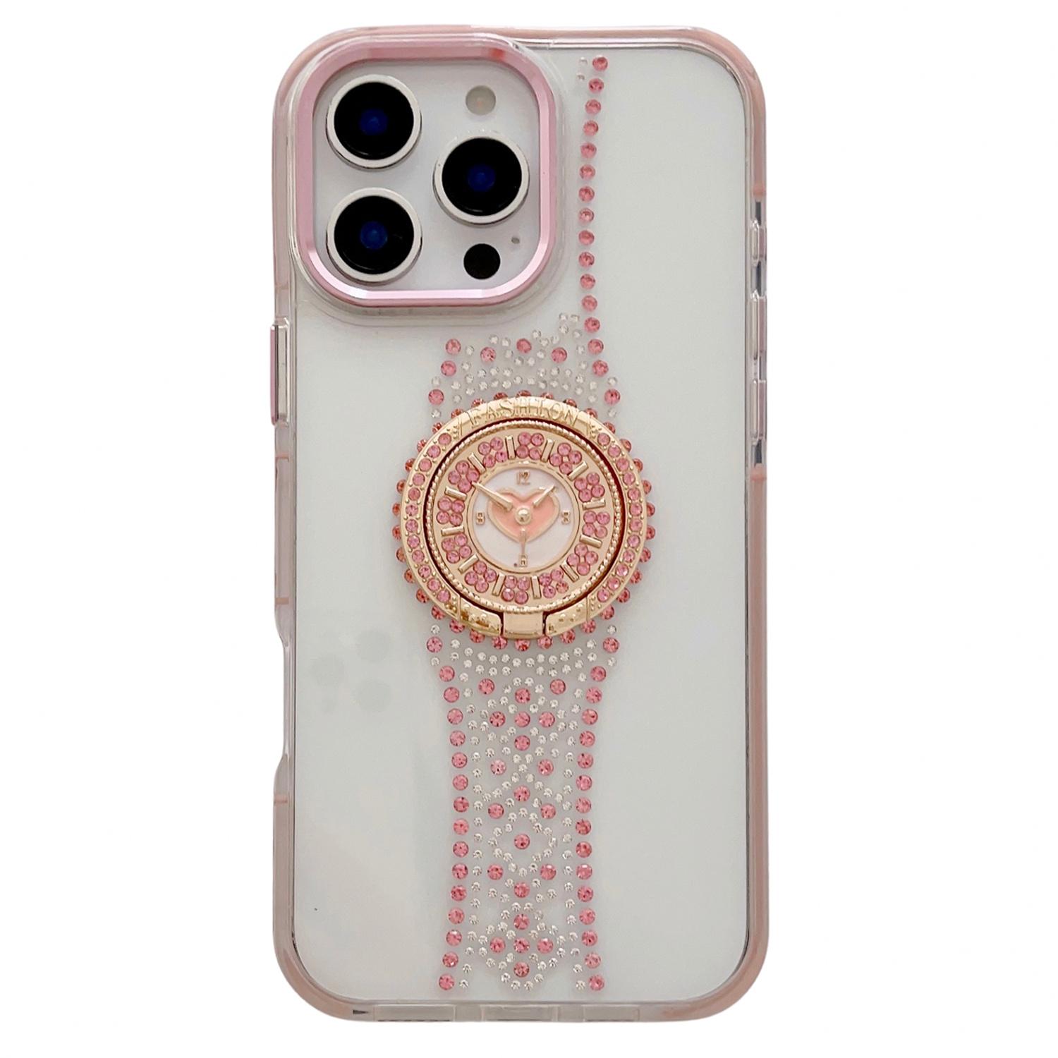

For iPhone 16 Pro Case with Kickstand Watch Shape Rhinestone Decor TPU+PC Phone Back Cover Pink