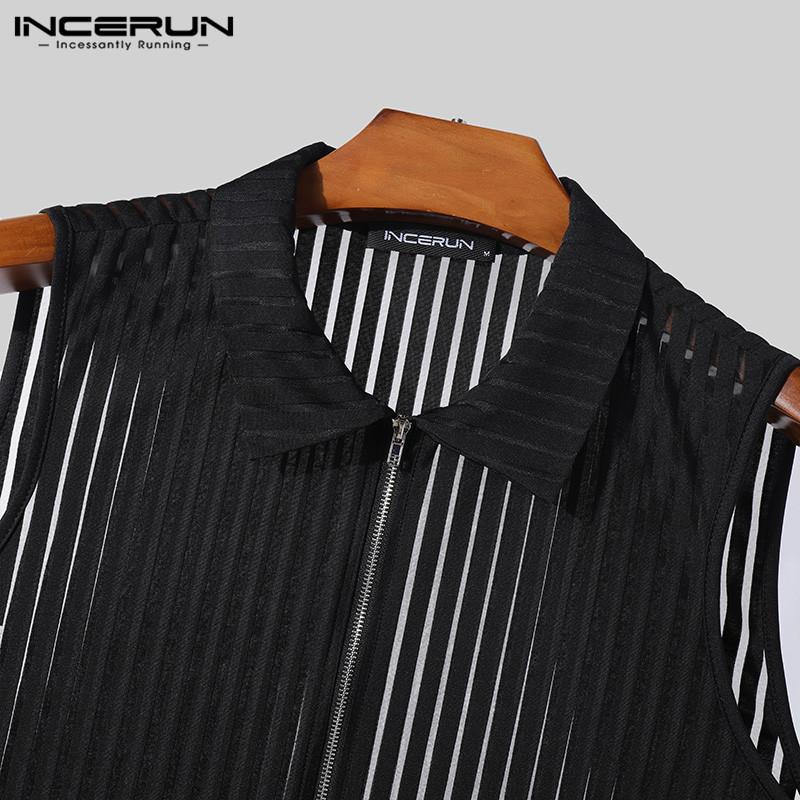 INCERUN Summer Men Sleeveless Zipper Up Vest Mesh See Through Tank Tops