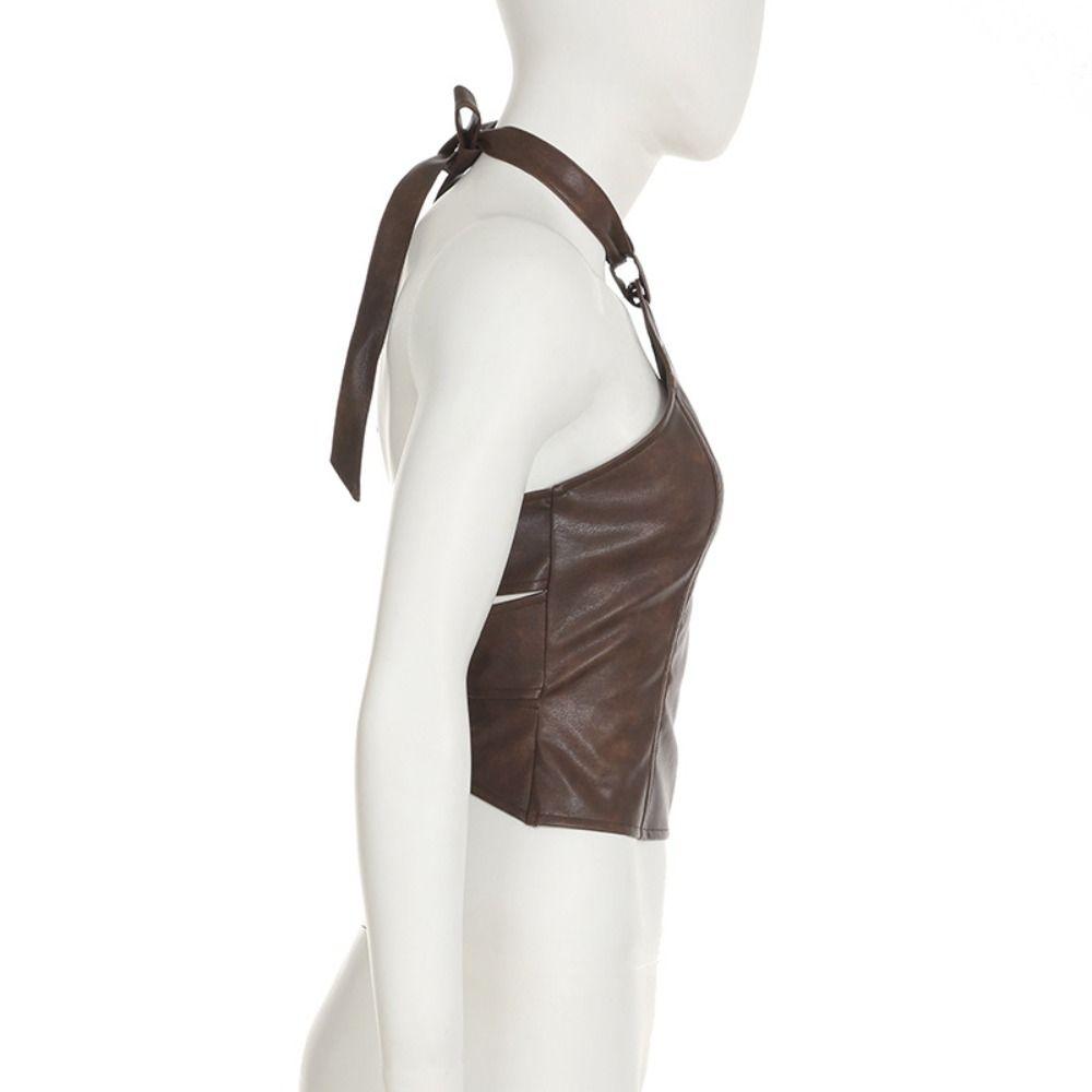 Backless Sleeveless Halter Camisole Vest Tight Top Women Fashion Leather Tank Top  Party
