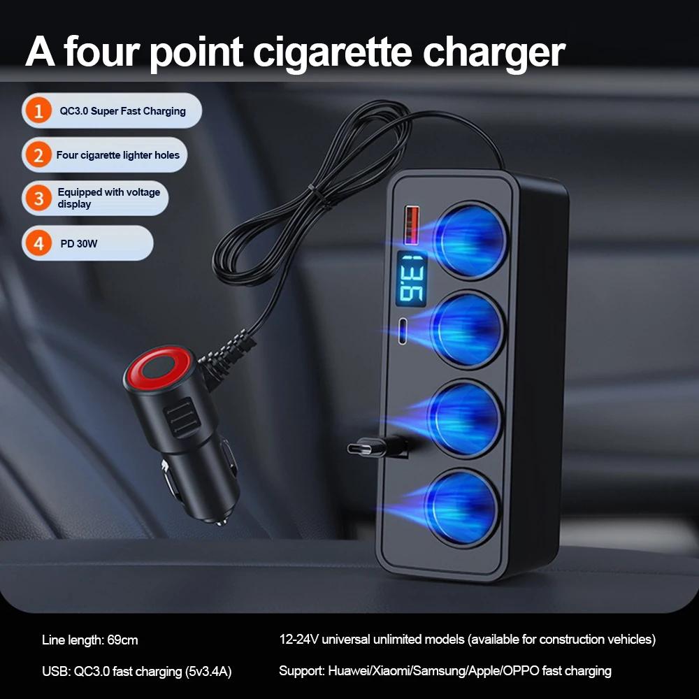 120W USB Car Charger with Retractable Cable QC3.0+PD30W Quick Charging Power Adapter USB Phone Charger 12V 24V Car Cigarette Lighter Splitter