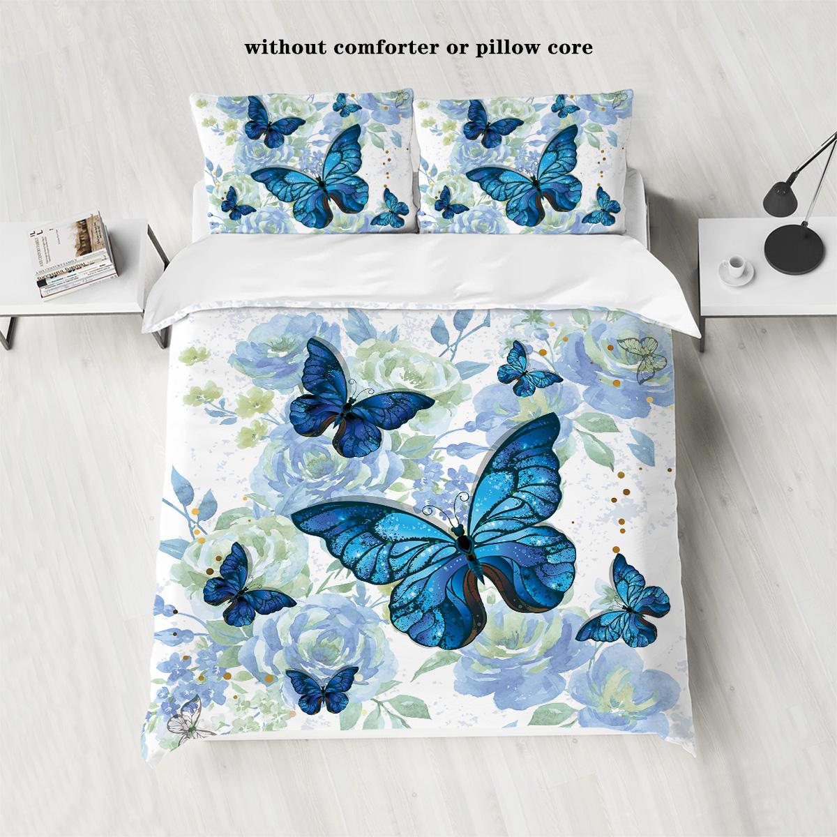 

3-piece down duvet cover set with blue butterfly rose pattern print (1 duvet cover+2 pillowcases, no core) bedding set 135x200cm-EU-Single