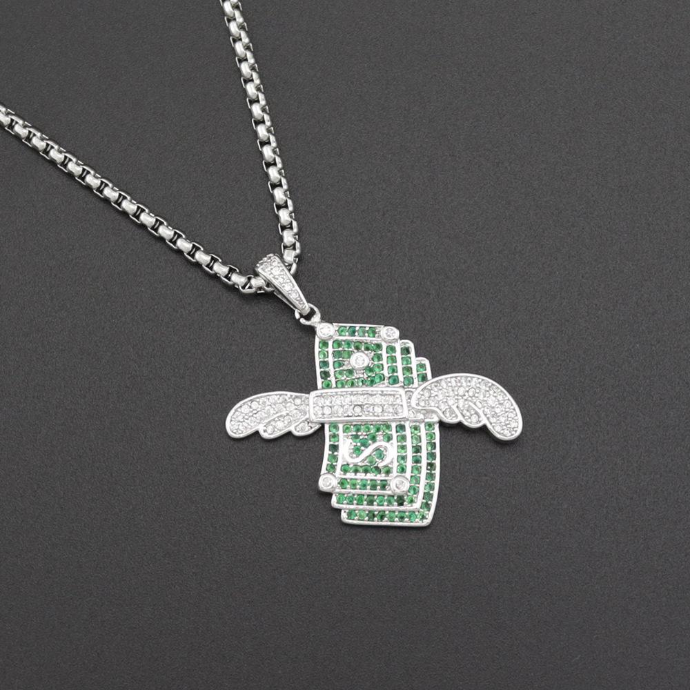 Euro-American Rap Style Hip Hop Dollar Wings Zircon Pendant Necklace for Men & Women