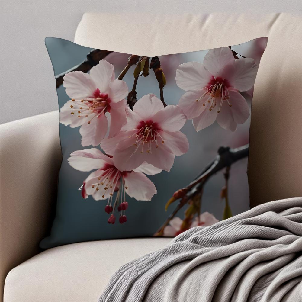Beautiful Cherry Blossoms Cushion Cover Pillowcase Antidustmite Invisible Zipper Short Plush Sofa Cushion
