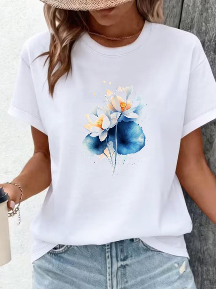(Asian Size) Clothing T Shirt Print flower sweet Female Woman Women Fashion Tee Top Short Sleeve Graphic T-shirts