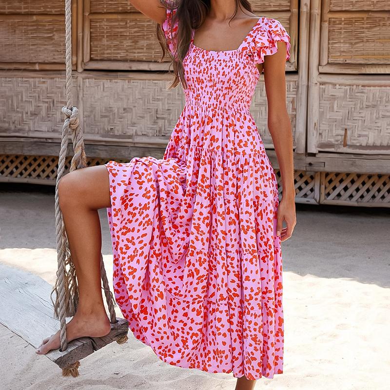 שמלת קיץ ארוכה לנשים מודפסת אמצע השוק קצר שרוולים מרובע צווארון שמלת קיץ