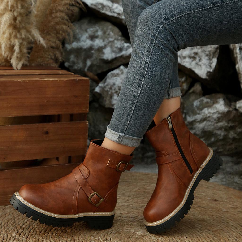 Botines de Tobillo de Punta Redonda de Ancho Especial para Mujer, Botas Martin de Plataforma Estilo Británico, Botas de Montar Finas con Cremallera Lateral para Mujer