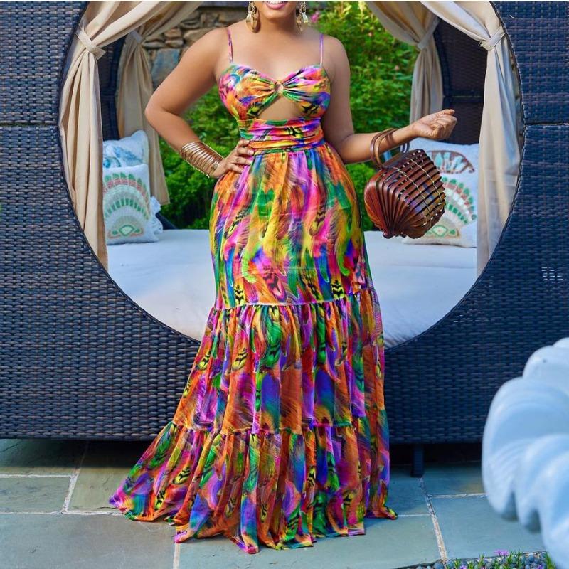 

Летние женские сексуальные платья с бретельками больших размеров, длинные платья без рукавов с открытой спиной и принтом 5XL жёлтый